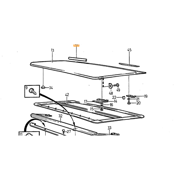 Volvo Caoutchouc  toit 140 + 164 + 240 260 sur plaque 98 cm coulissant Volvo piece no 1255335