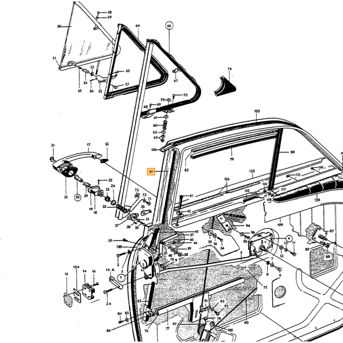 Poignée de porte droite Volvo Amazon utilisée sans bouton-poussoir, pièce Volvo numéro 660712U