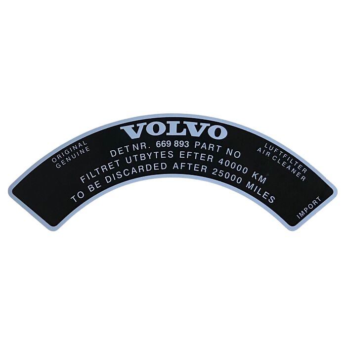 Autocollant Volvo pour filtre à air 669893 B18A Zenith VN36 pièce Volvo nr 669893S