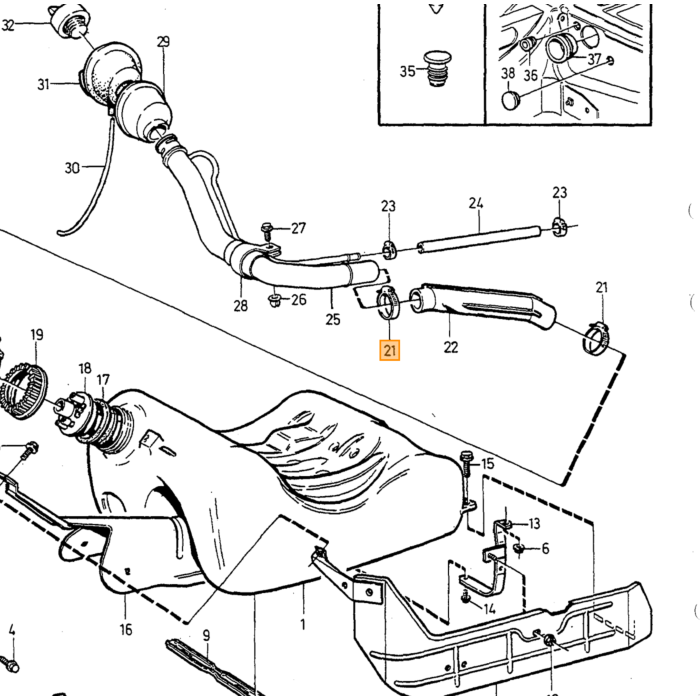 Volvo Réservoir de 60 litres d’essence remplissage tuyau 740 + 760 + 780 Volvo piece no 9142035