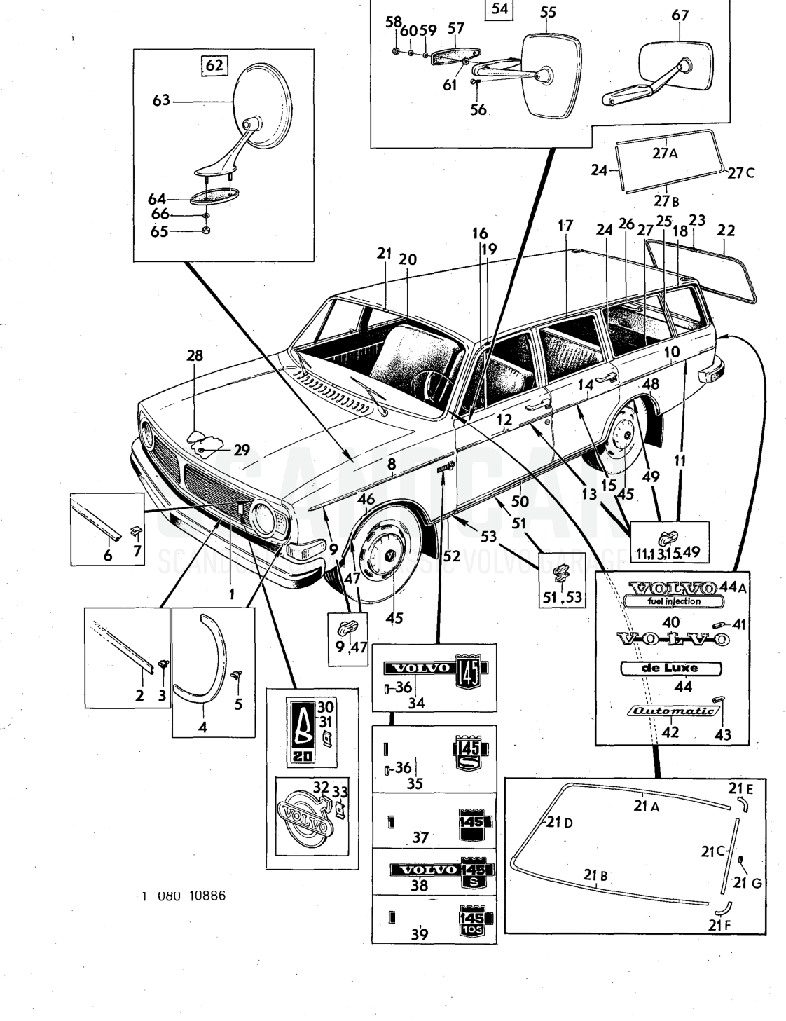 trim Illustration rear view mirror Sats Kit - vue éclatée, Autres pièces, Volvo série 140 jusqu’à 1972