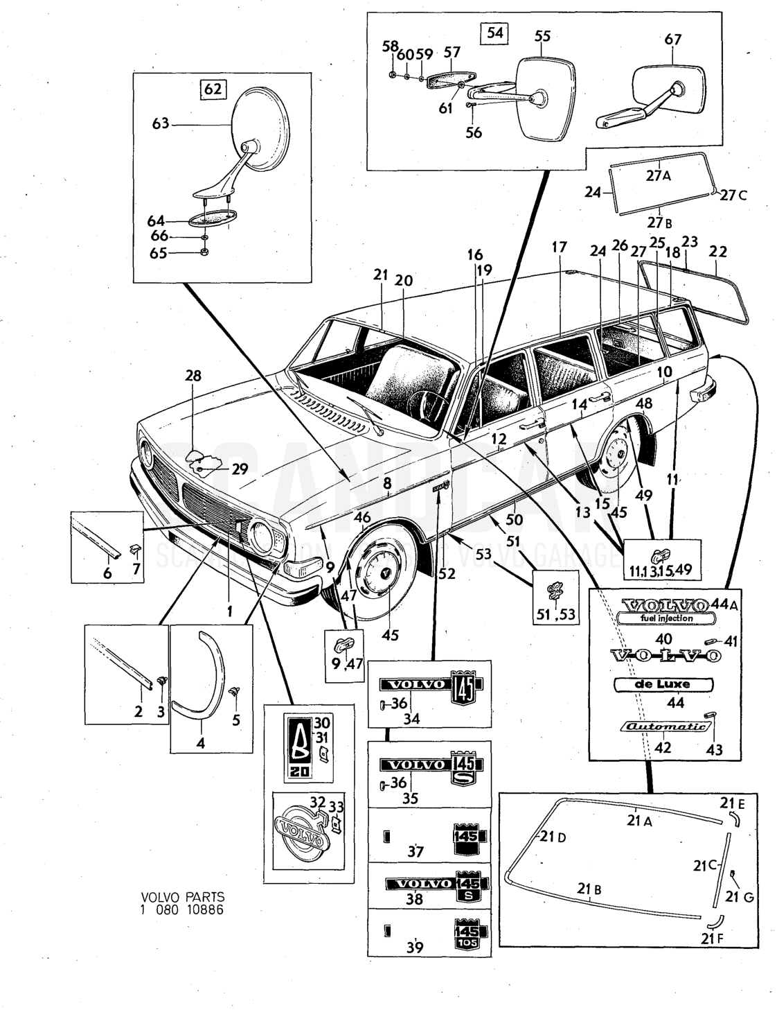 trim Illustration rear view mirror Sats Kit - vue éclatée, Autres pièces, Volvo série 140 jusqu’à 1972