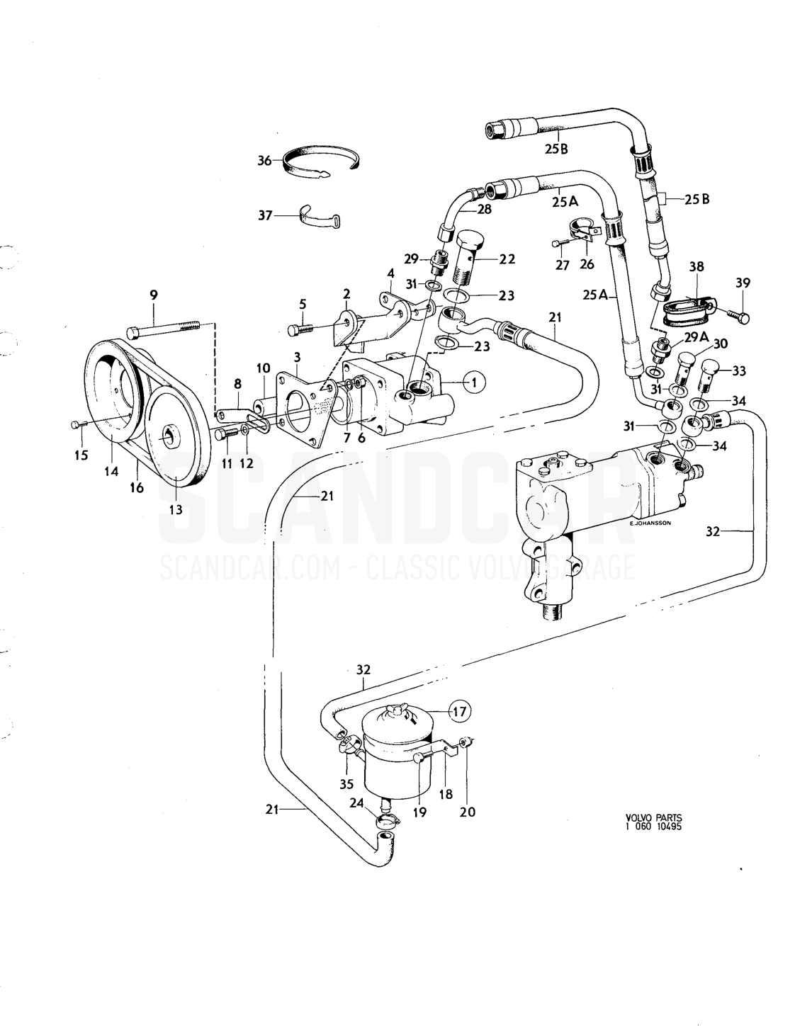 Hydraulic pump,oil reser voir, servo steering - vue éclatée, Essieu avant - Roues - Direction, Volvo série 164 jusqu’à 1975