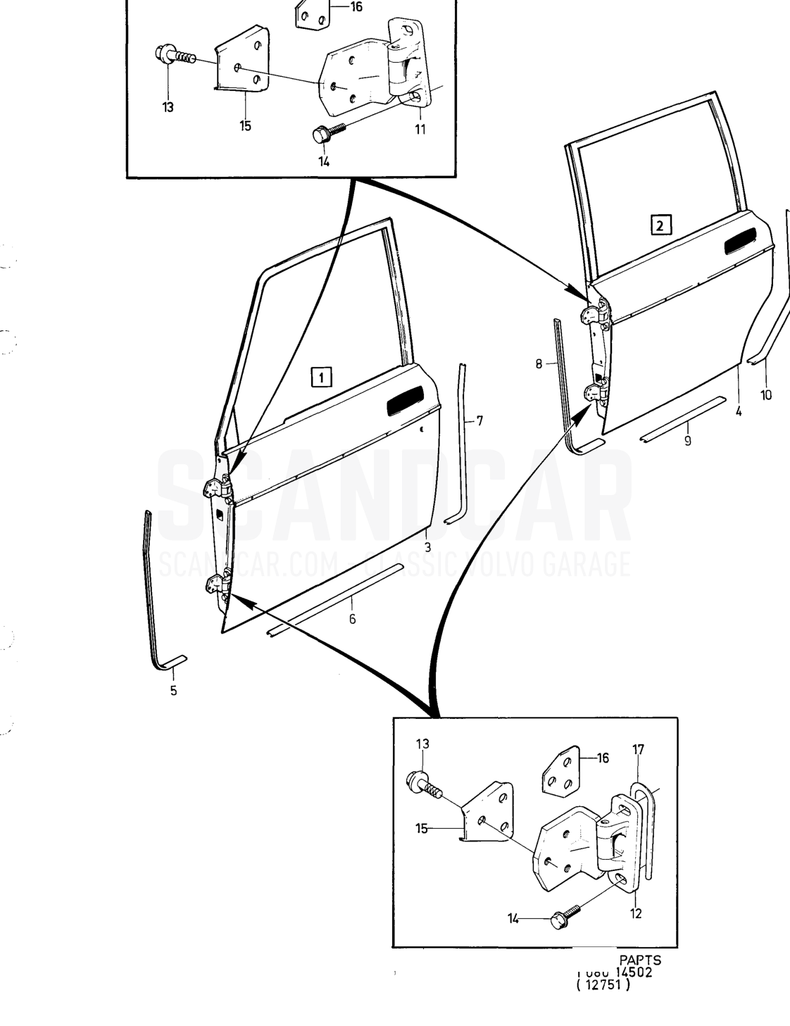 Door components, forward doors - vue éclatée, Carrosserie, Volvo série 164 jusqu’à 1975