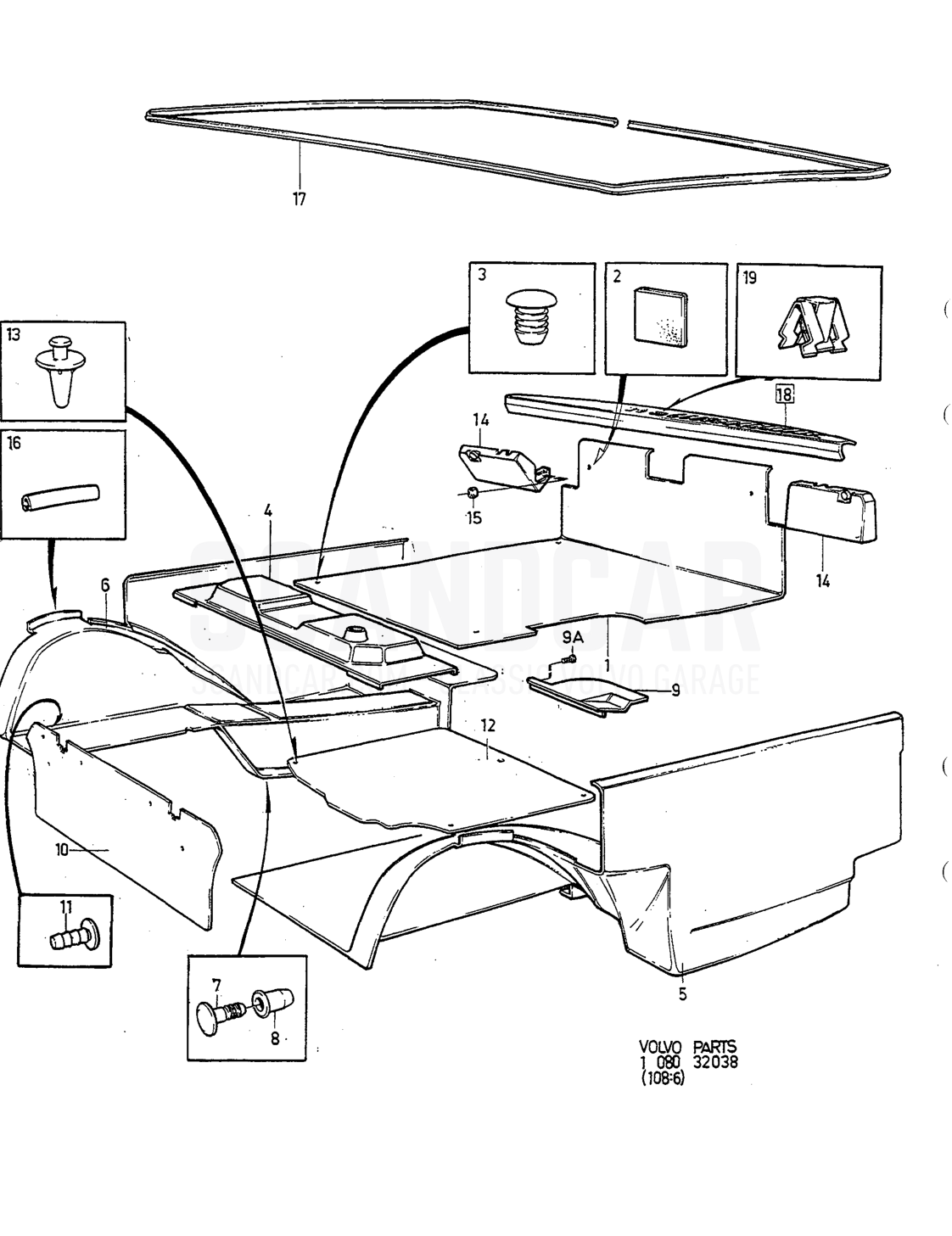 KOFFERRAUMVERKLEI DUNG - vue éclatée, Carrosserie et intérieur, Volvo série 740-760 jusqu’à 1984