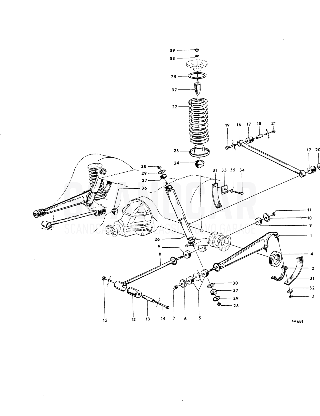 Rear axle mountings - vue éclatée, Transmission - Essieu arrière, Volvo Amazon B16