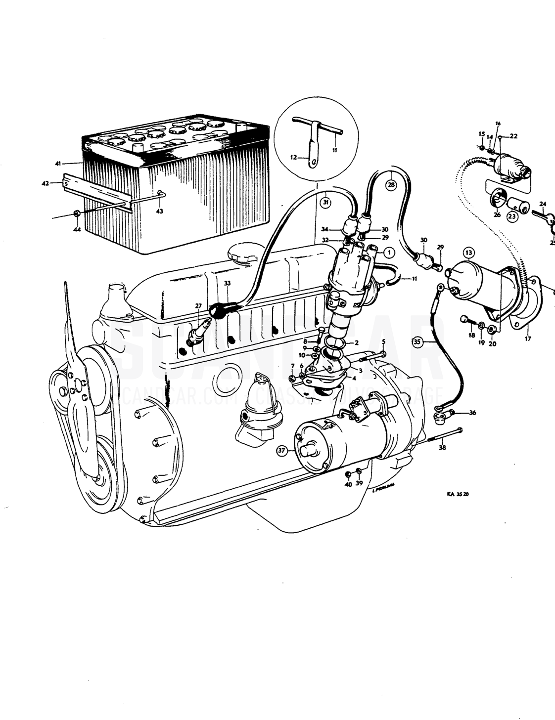 ignition coil plug, ignition ccbles, motor, battery - vue éclatée, Équipement électrique, Volvo Amazon B18