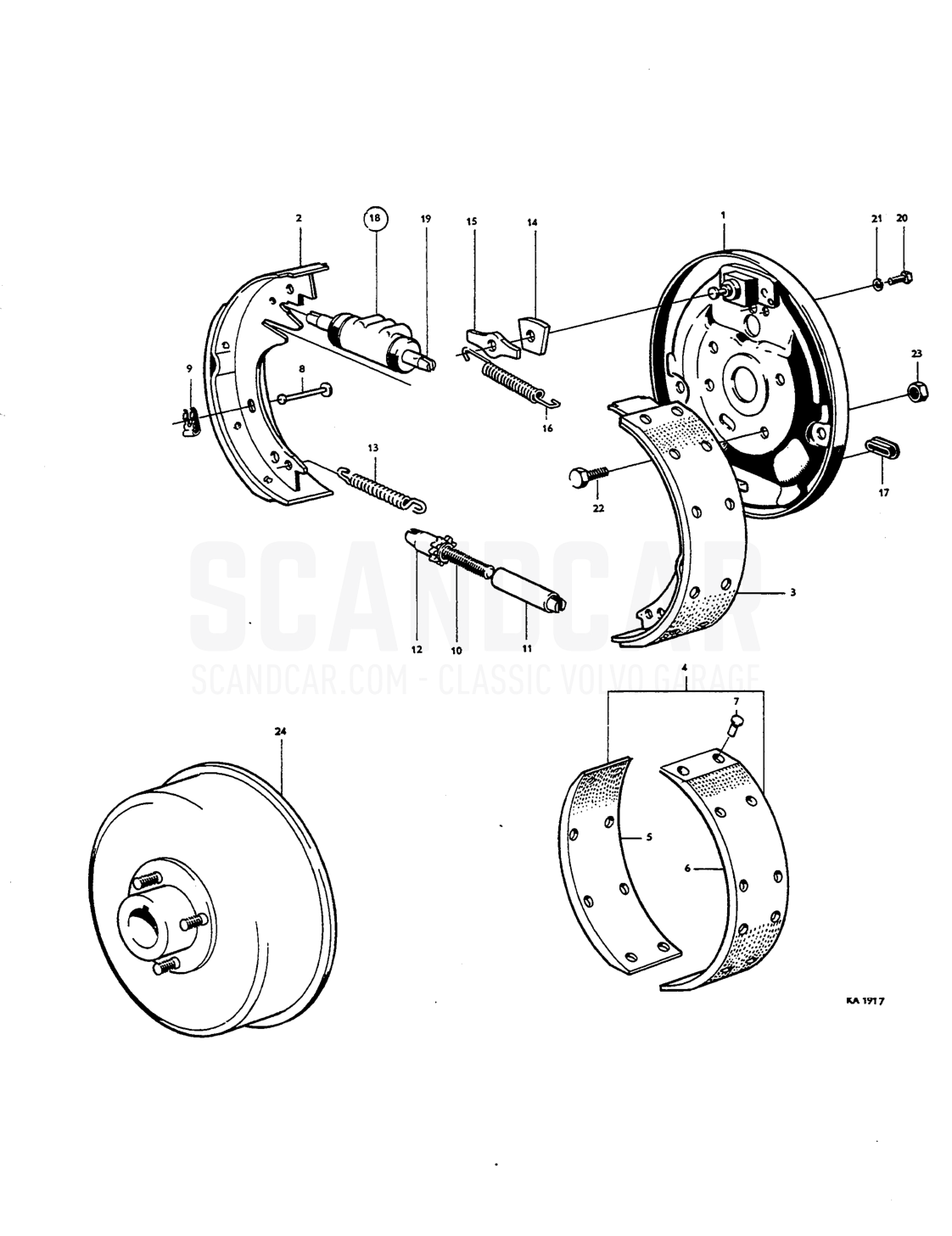 Front wheel brakes Drum brakes Single circuit - vue éclatée, Freins, Volvo Amazon B18