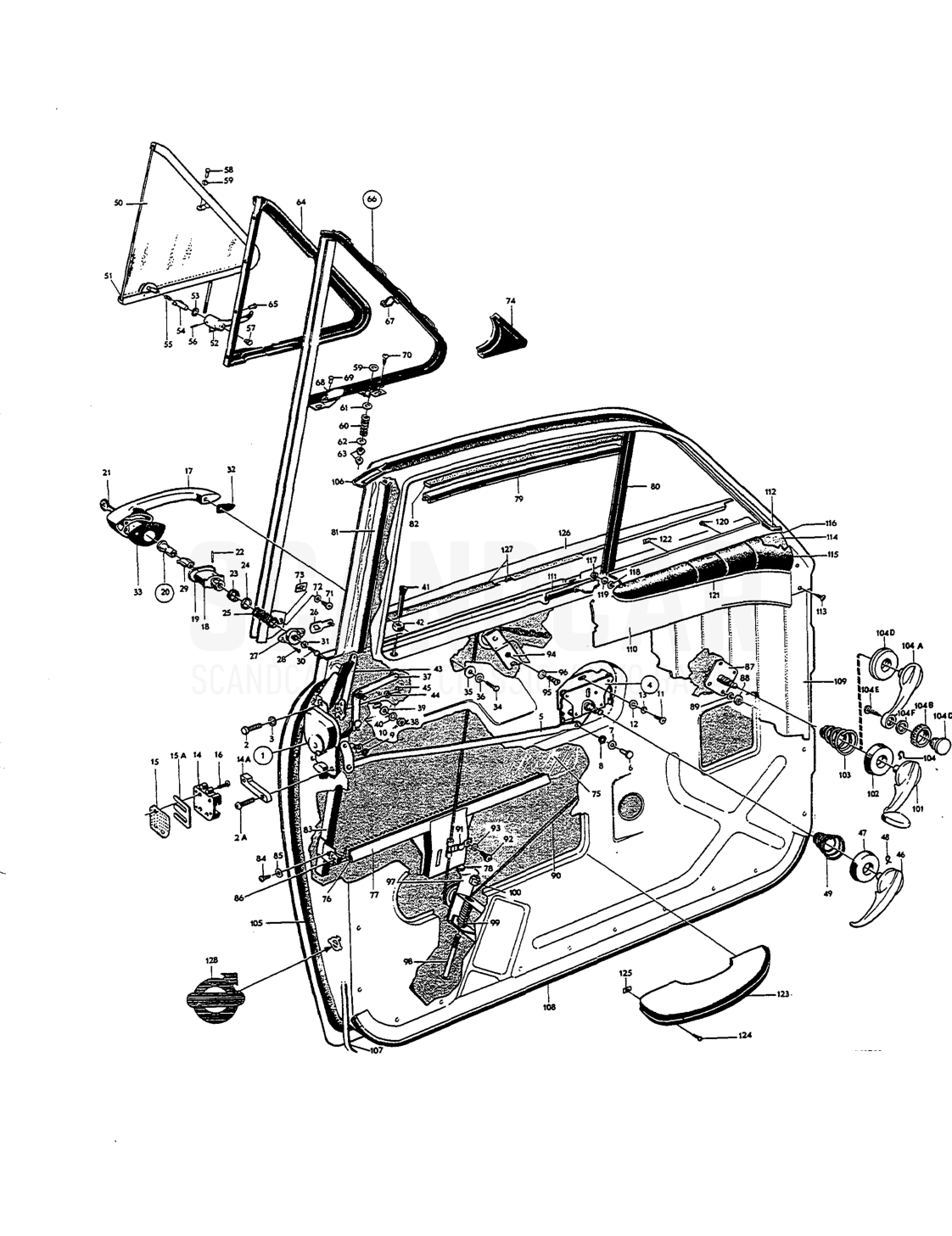 Door components, forward doors - vue éclatée, Carrosserie, Volvo Amazon B18