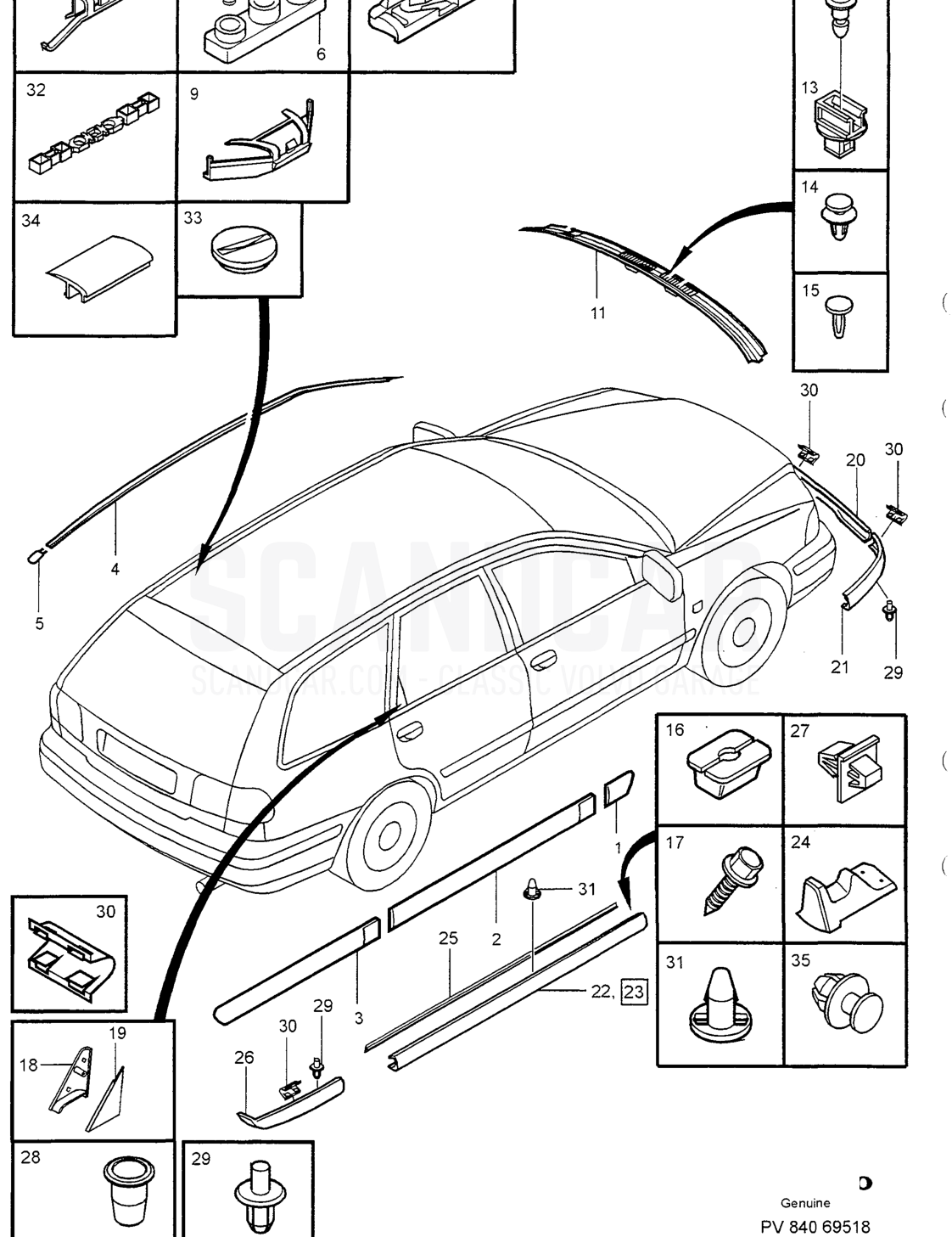 TRIM MOULDINGS - vue éclatée, Carrosserie, Volvo série S40/V40 à partir de 1996