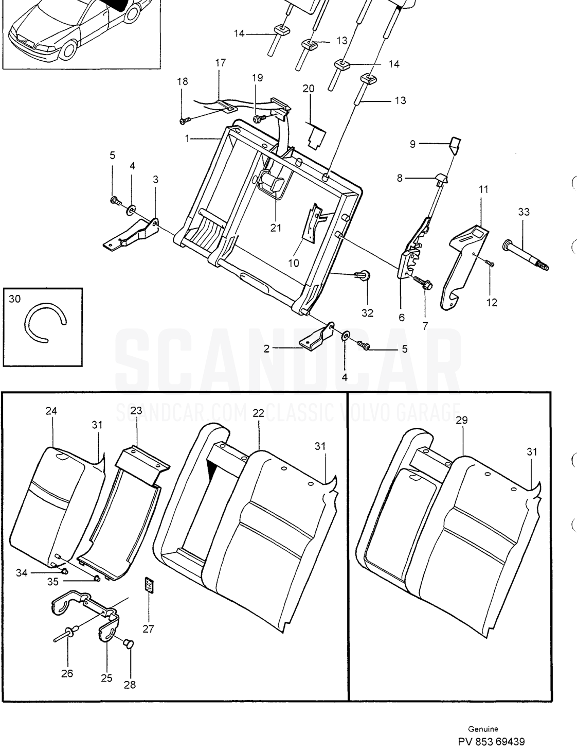 BACKREST REAR SEAT LEFT - vue éclatée, Carrosserie, Volvo série S40/V40 à partir de 1996